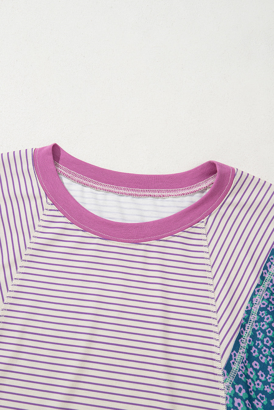 Purple Stripe Floral Color Block Patchwork Stitching Edge T-Shirt