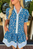 Blue Floral Striped Frill Neck Button-Up Short Sleeve Mini Dress