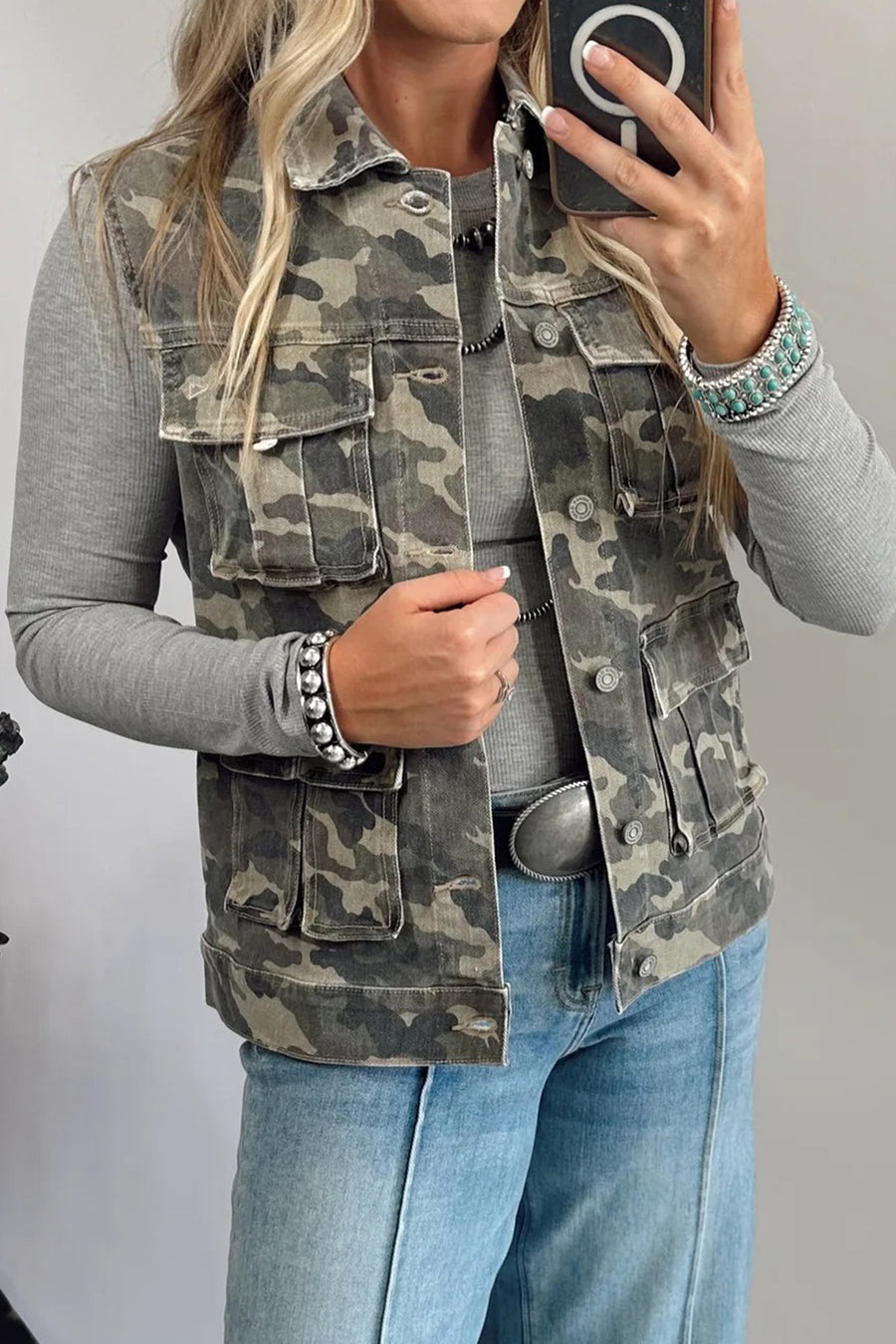 Camouflage Print Cargo Pocket Button-Up Denim Vest