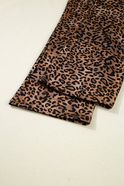 Coffee Allover Leopard Print Contrast Trim Long Sleeve Top and Pants Set