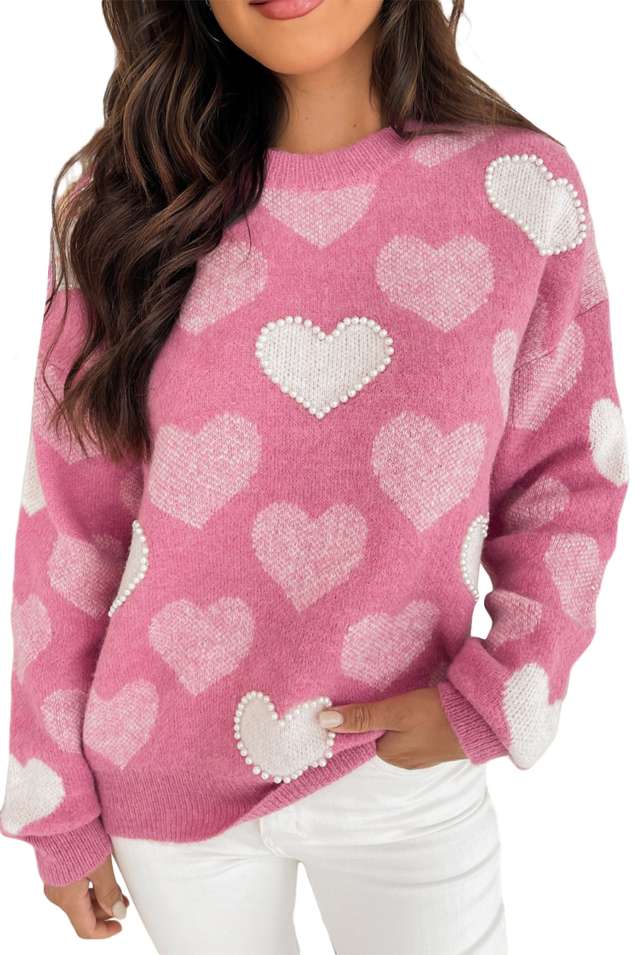 Pink Pearl Heart Pattern Drop Shoulder Crew Neck Sweater