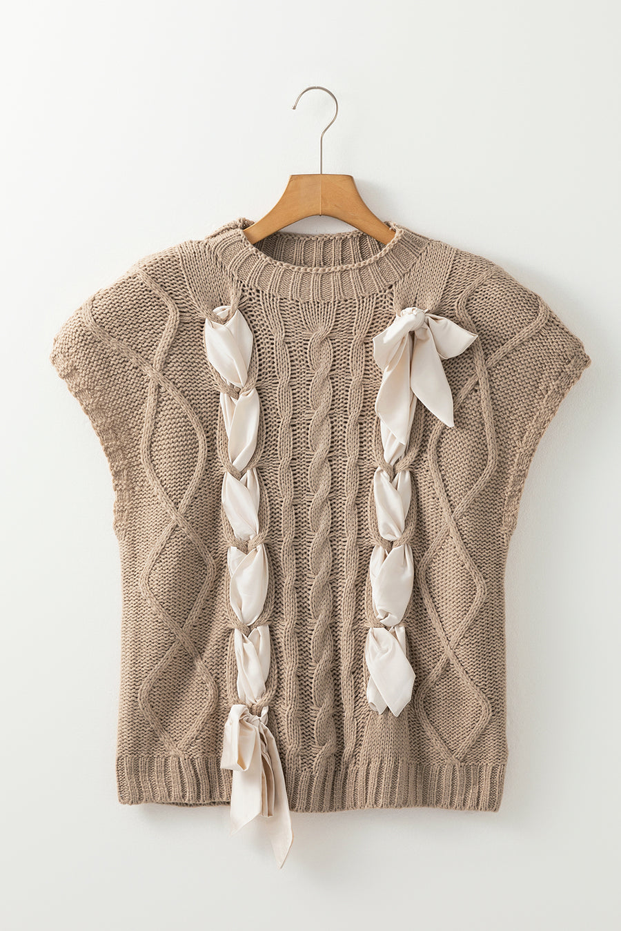 Taupe Satin Ribbon Lace-Up Short Sleeve Cable Knit Sweater
