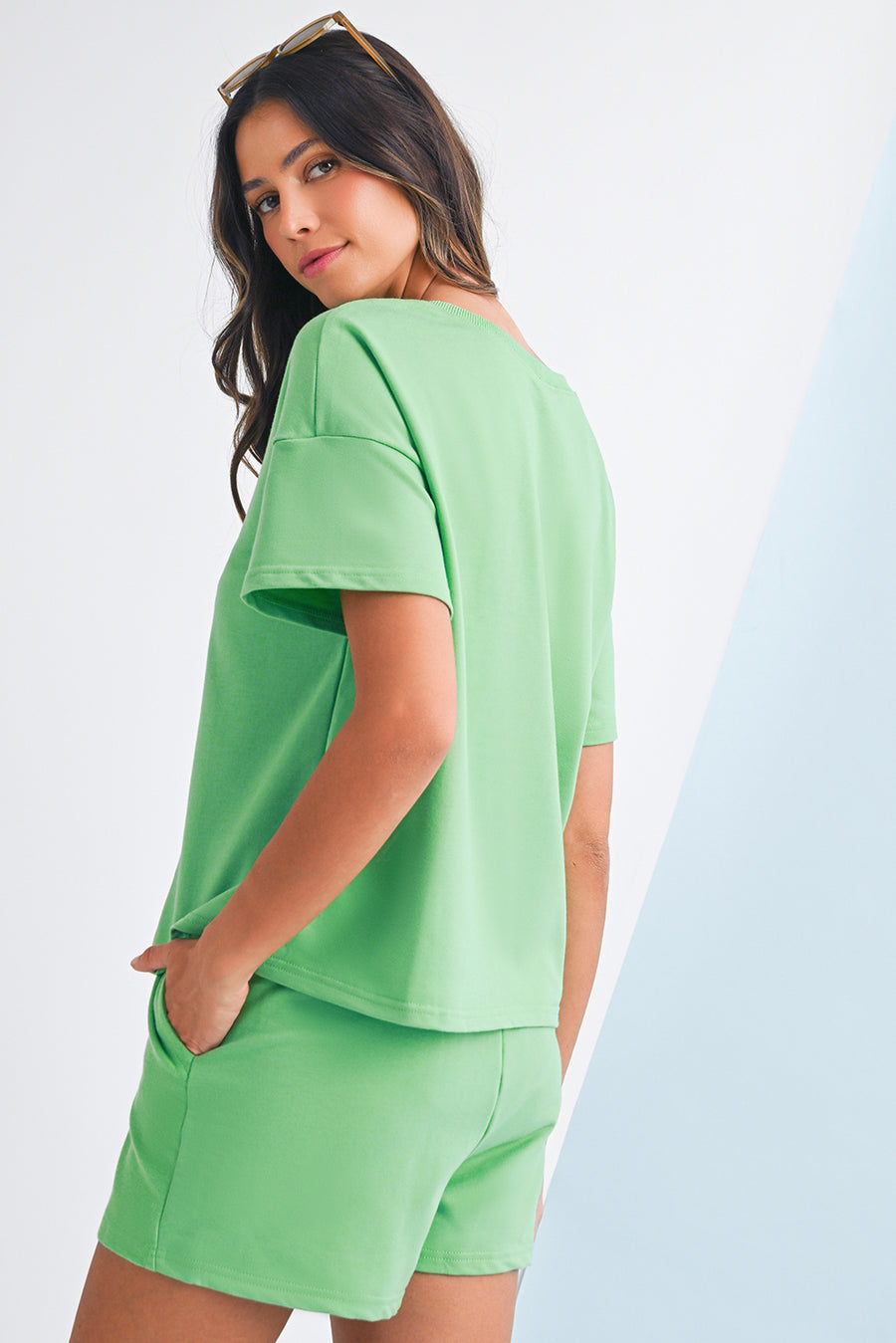 V-Neck Drop Shoulder T-Shirt and Patchwork Shorts Set- 3 Colors