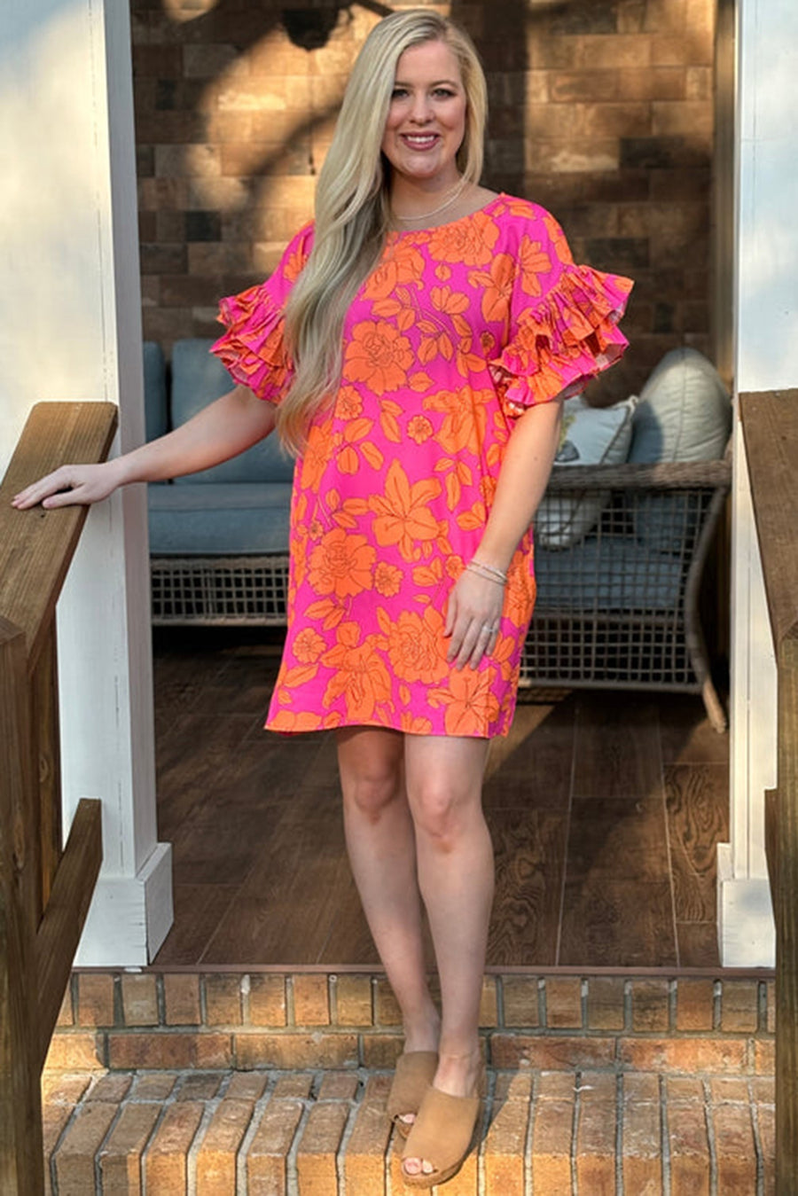 Neon Pink and Orange Floral Ruffle Sleeve Mini Dress