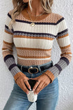 Brown Multi Striped Chevron Pattern Knit Ribbed Trim Slim Fit Sweater