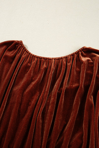 Clay Elastic V Neck Puff Sleeve Flowy Velvet Dress