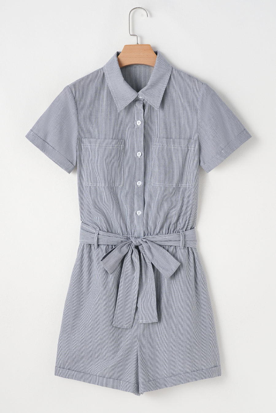 Railroad Striped Chest Pockets Button-Up Belted High-Waist Romper