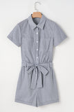 Railroad Striped Chest Pockets Button-Up Belted High-Waist Romper