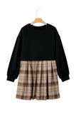 Beige Plaid Patchwork High Waist Sweatshirt Mini Dress