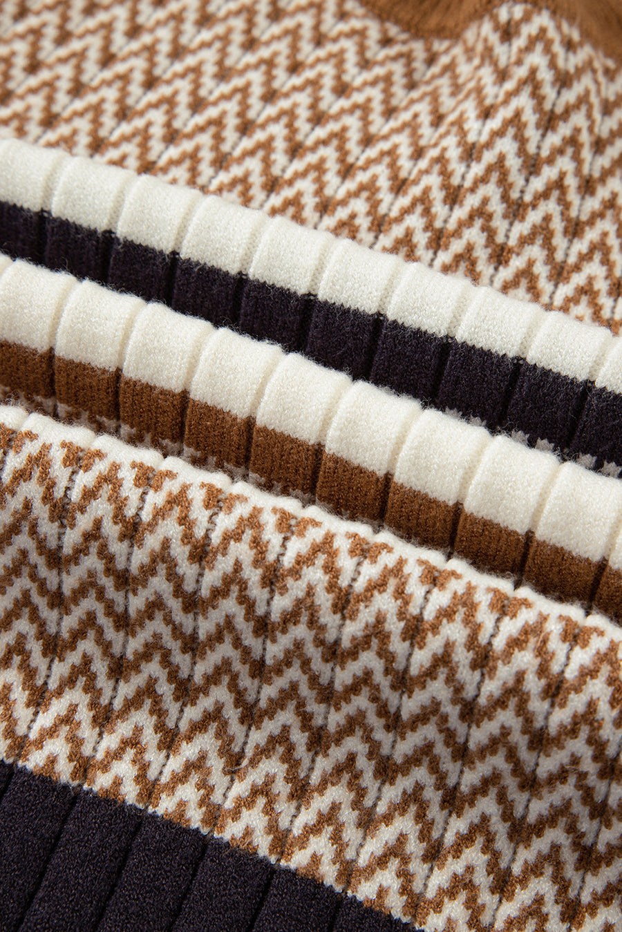 Brown Multi Striped Chevron Pattern Knit Ribbed Trim Slim Fit Sweater