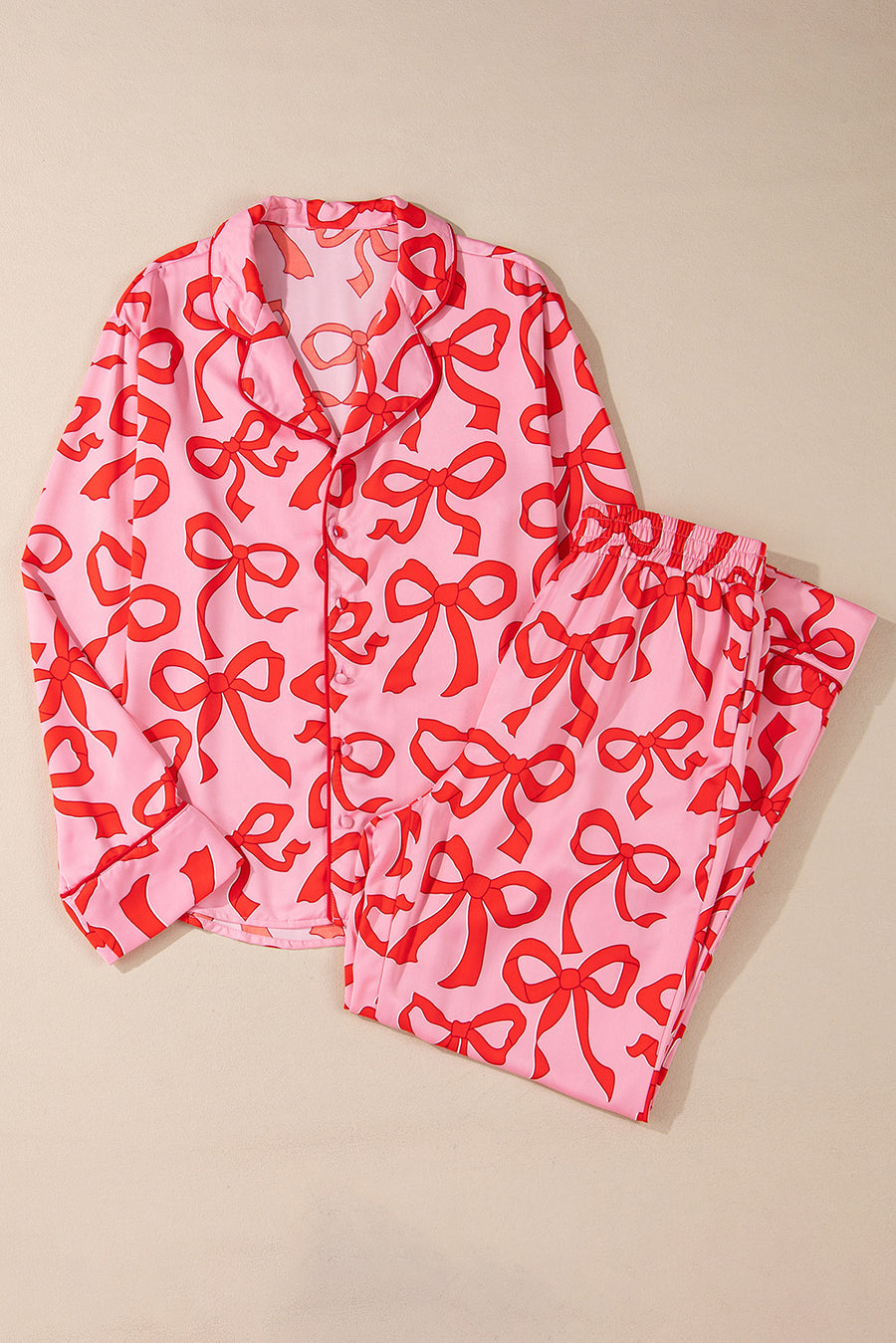 Pink All Over Bow Print Long Sleeve Button-Up Top and Pants Pajama Set