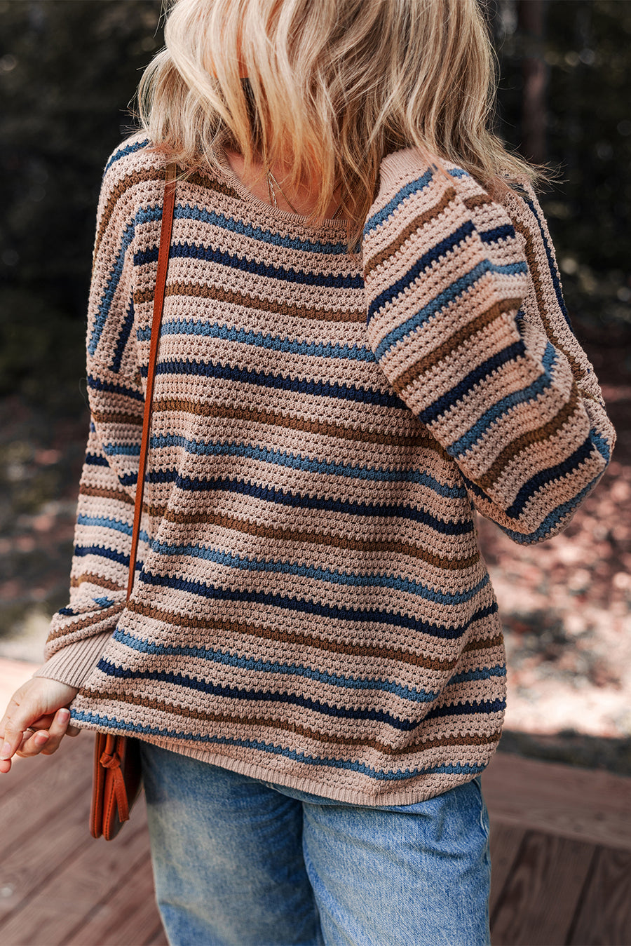 Tan Multi Openwork Striped Knit Drop Shoulder Crew Neck Sweater