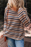Tan Multi Openwork Striped Knit Drop Shoulder Crew Neck Sweater