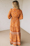 Orange Bohemian Floral Print Smocked Waist Long Sleeve Maxi Dress