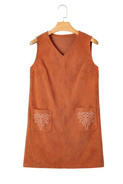Gold Flame Corduroy Embroidered Patch Pocket Sleeveless Mini Dress