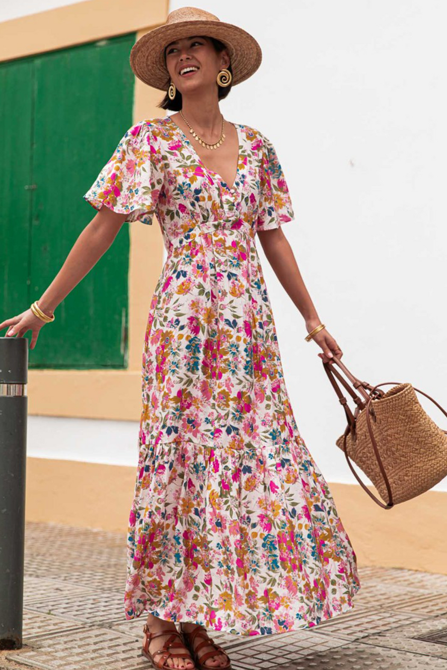 Multicolored Floral Short Sleeve V-Neck High Waist Maxi Dress