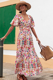 Multicolored Floral Short Sleeve V-Neck High Waist Maxi Dress