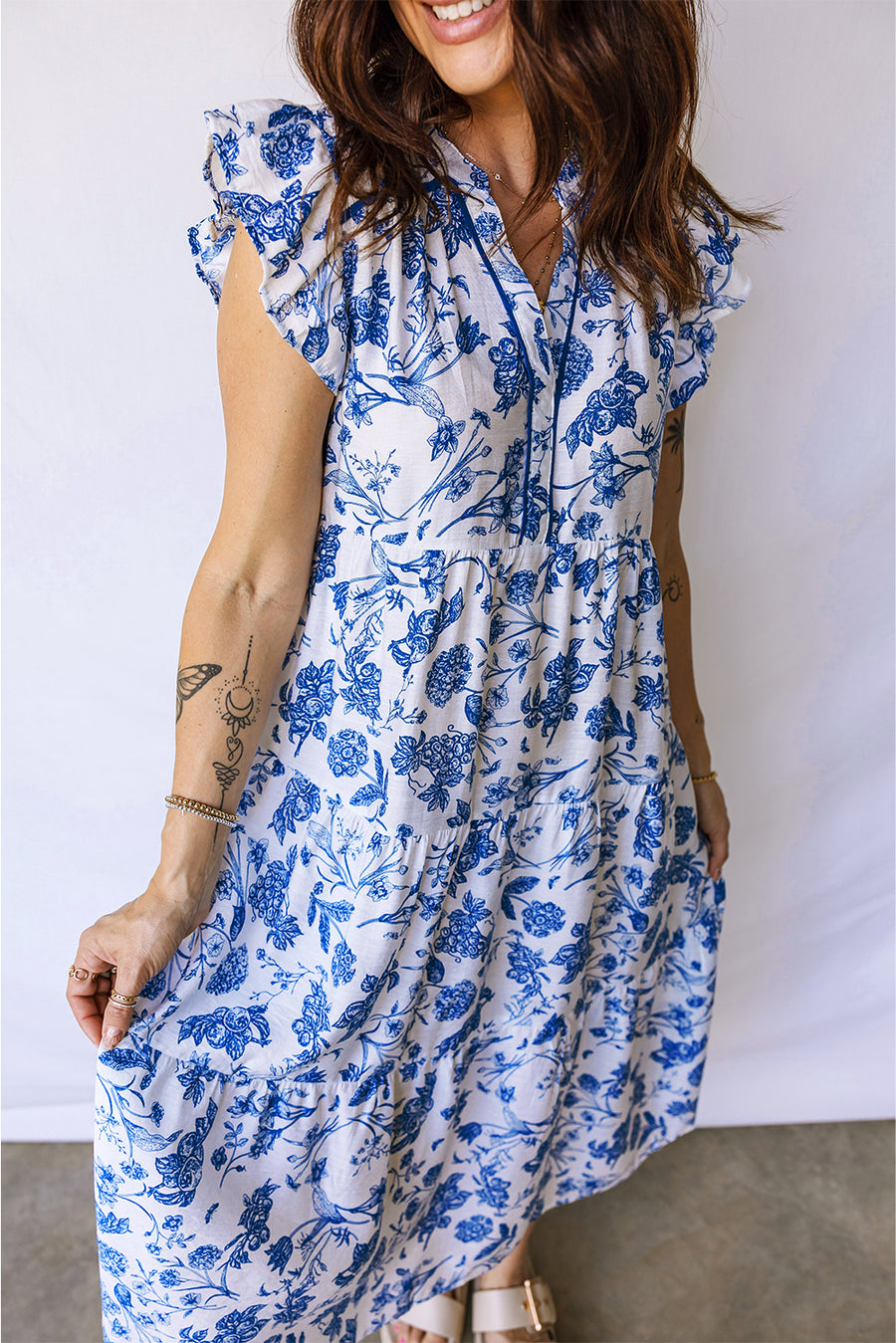 Blue Floral Ruffled Short Sleeve Tiered Midi Dress
