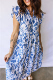 Blue Floral Ruffled Short Sleeve Tiered Midi Dress