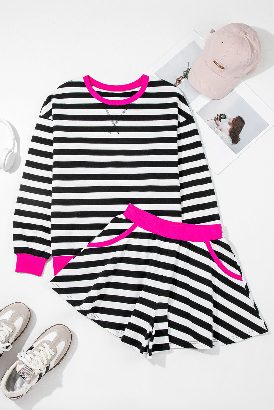 Striped Contrast Trim Long Sleeve Top and Shorts Set- 2 Colors