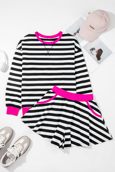 Black Stripe Contrast Trim Long Sleeve Top and Shorts Set