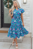 Blue Floral Flutter Sleeve Tie Neck Belted Midi Dress
