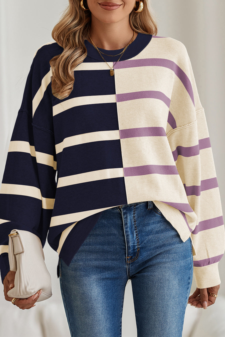 Striped Exposed Seam Patchwork Loose Fit Sweater- 4 Colors