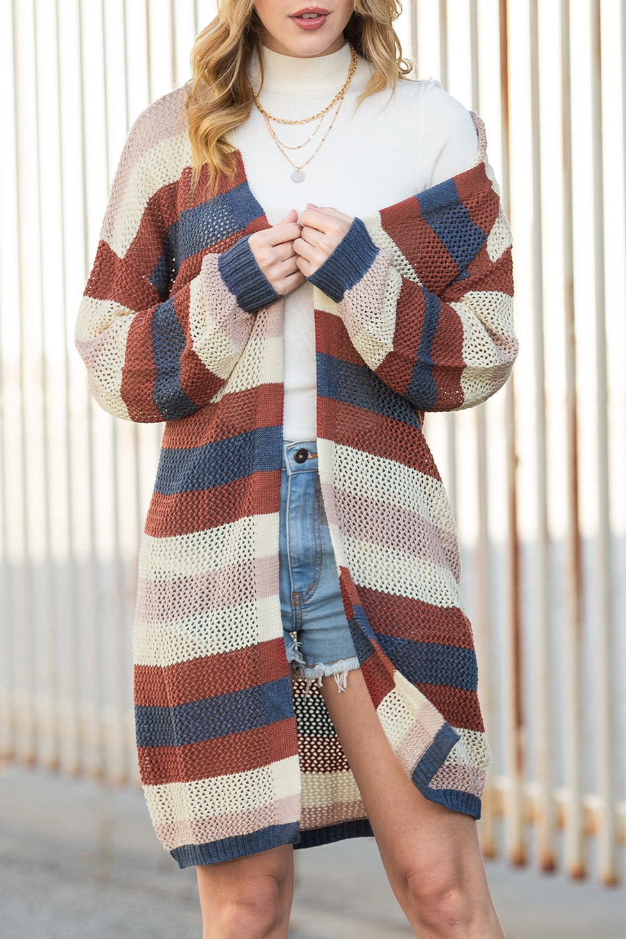 Blue Multi Openwork Color Block Knit Cardigan