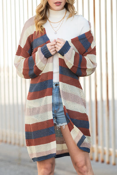 Dark Blue Color Block Striped Cut Out Knit Cardigan