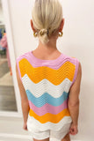 Wavy Color Block Crew Neck Knit Sleeveless Sweater