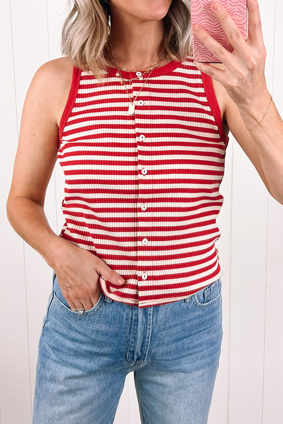 Red Striped Button-Up Ribbed Knit Tank Top