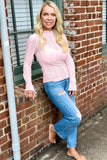 Light Pink Flounced Long Sleeve Mock Neck Sheer Lace Top