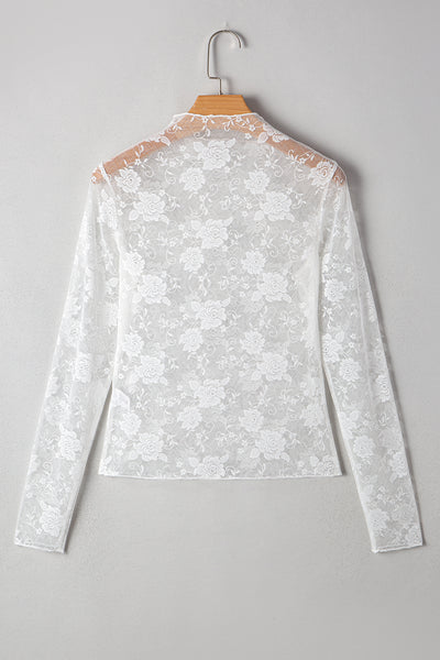 Mock Neck Floral Lace Mesh Long Sleeve Top- 2 Colors