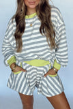 Striped Contrast Trim Long Sleeve Top and Shorts Set- 2 Colors