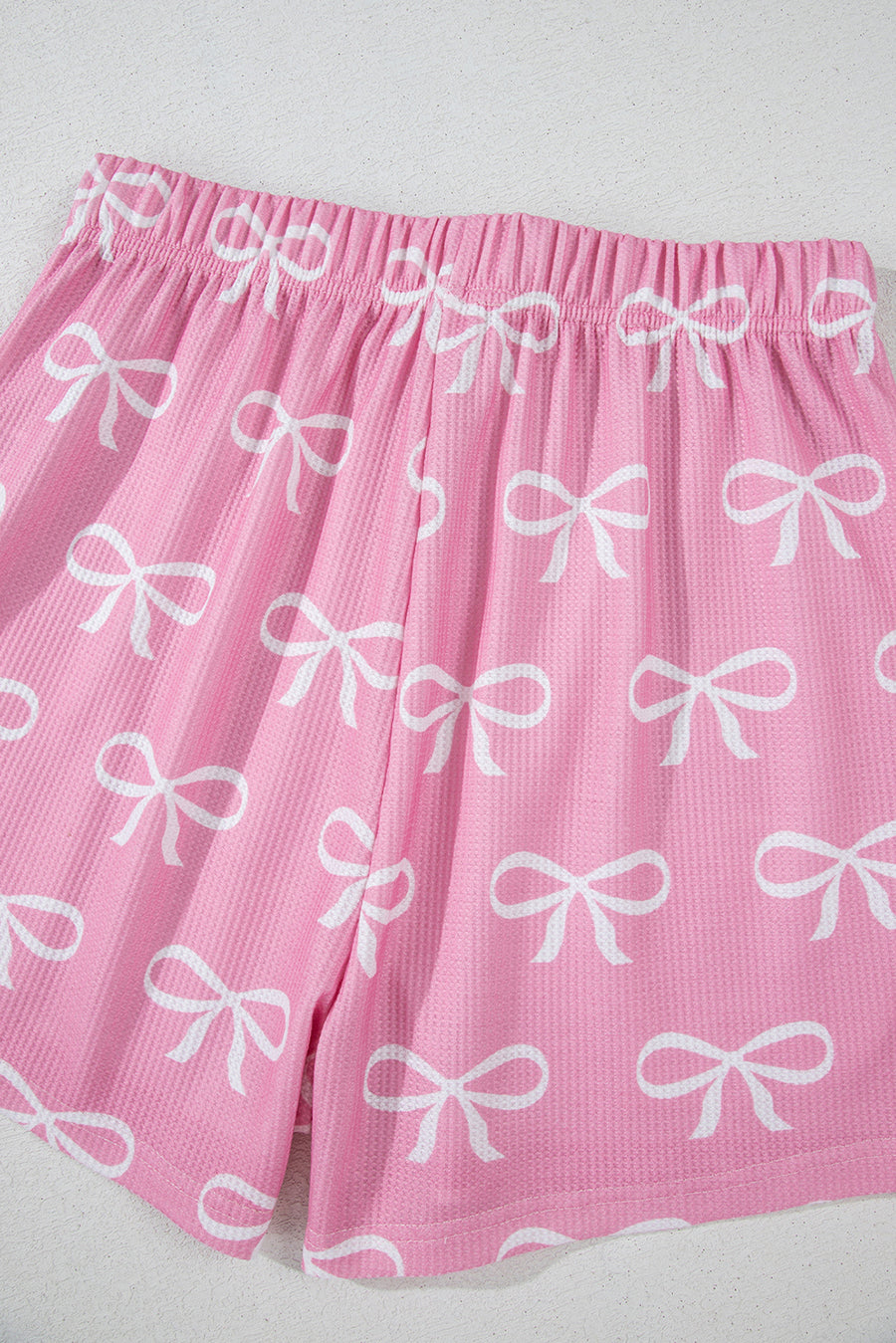 Pink Waffle Knit Bow Print Notched T-Shirt And Shorts Set