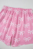 Pink Waffle Knit Bow Print Notched T-Shirt And Shorts Set