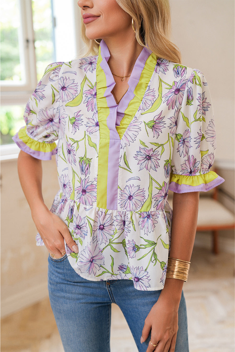 Lavender Floral Frill V-Neck Smocked Peplum Blouse