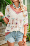 Ivory Floral Crochet Contrast Trim Knit Sweater