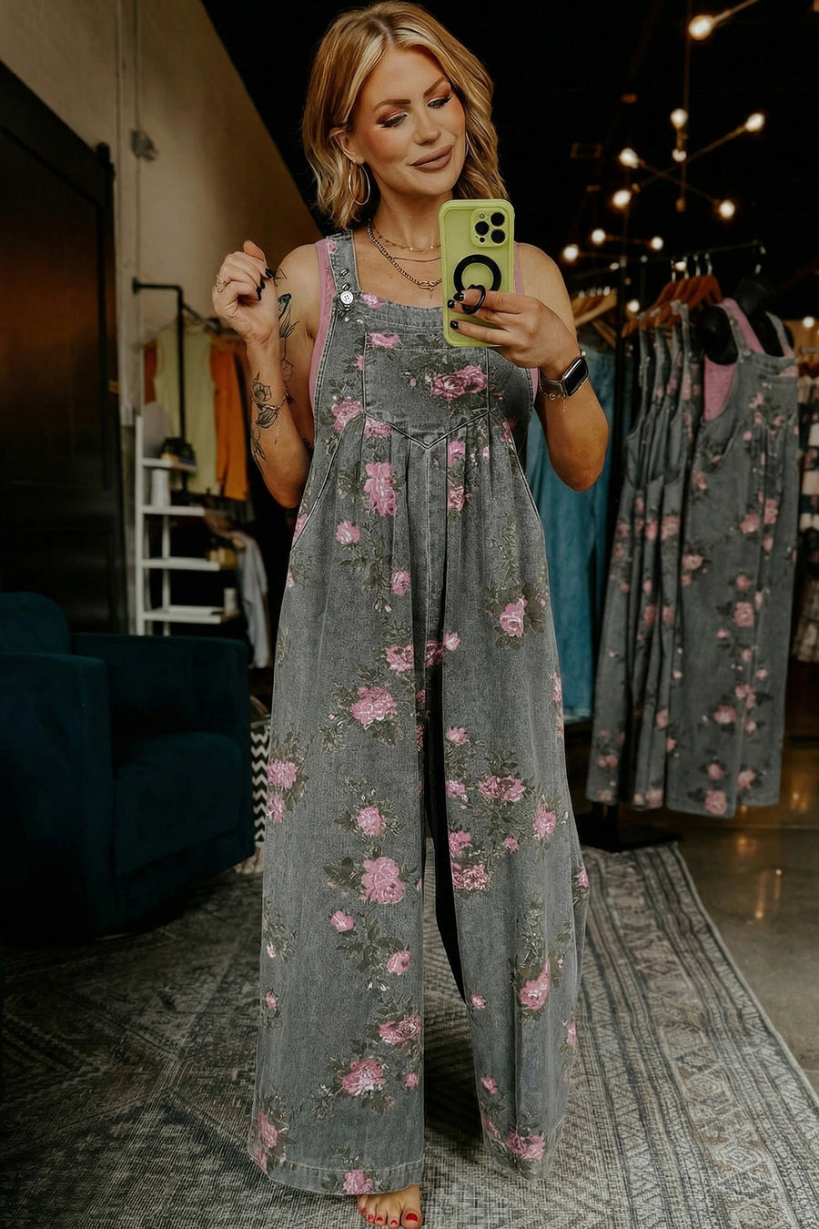 Floral Print Pleated High-Waist Wide Leg Denim Overalls- 3 Colors