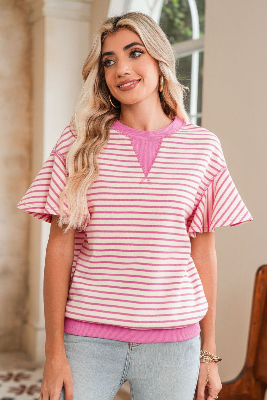 Striped Ruffle Sleeve Crew Neck T-Shirt- 3 Colors