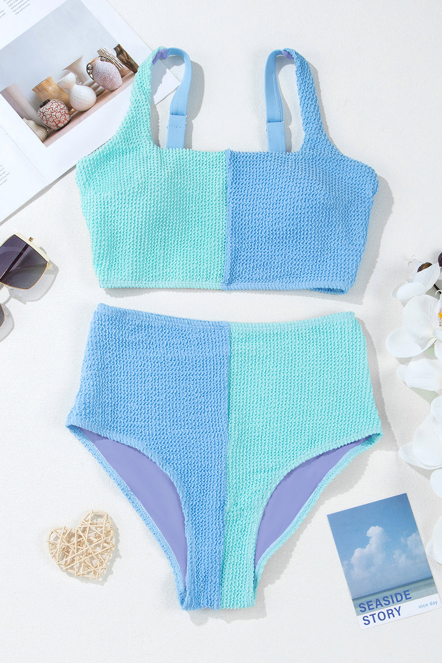 Corded Color Block Square Neck Tankini- 3 Colors