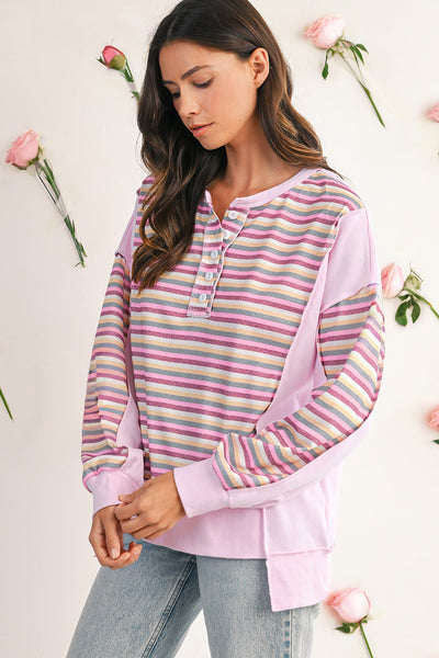 Pink Striped Patchwork Henley Sweatshirt