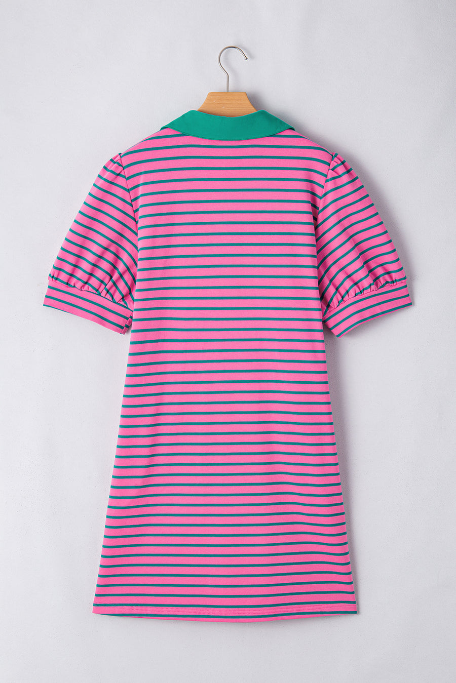 Plus Size Bright Pink and Green Stripe Collared Puff Sleeve Mini Dress with Pockets