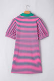Plus Size Bright Pink and Green Stripe Collared Puff Sleeve Mini Dress with Pockets