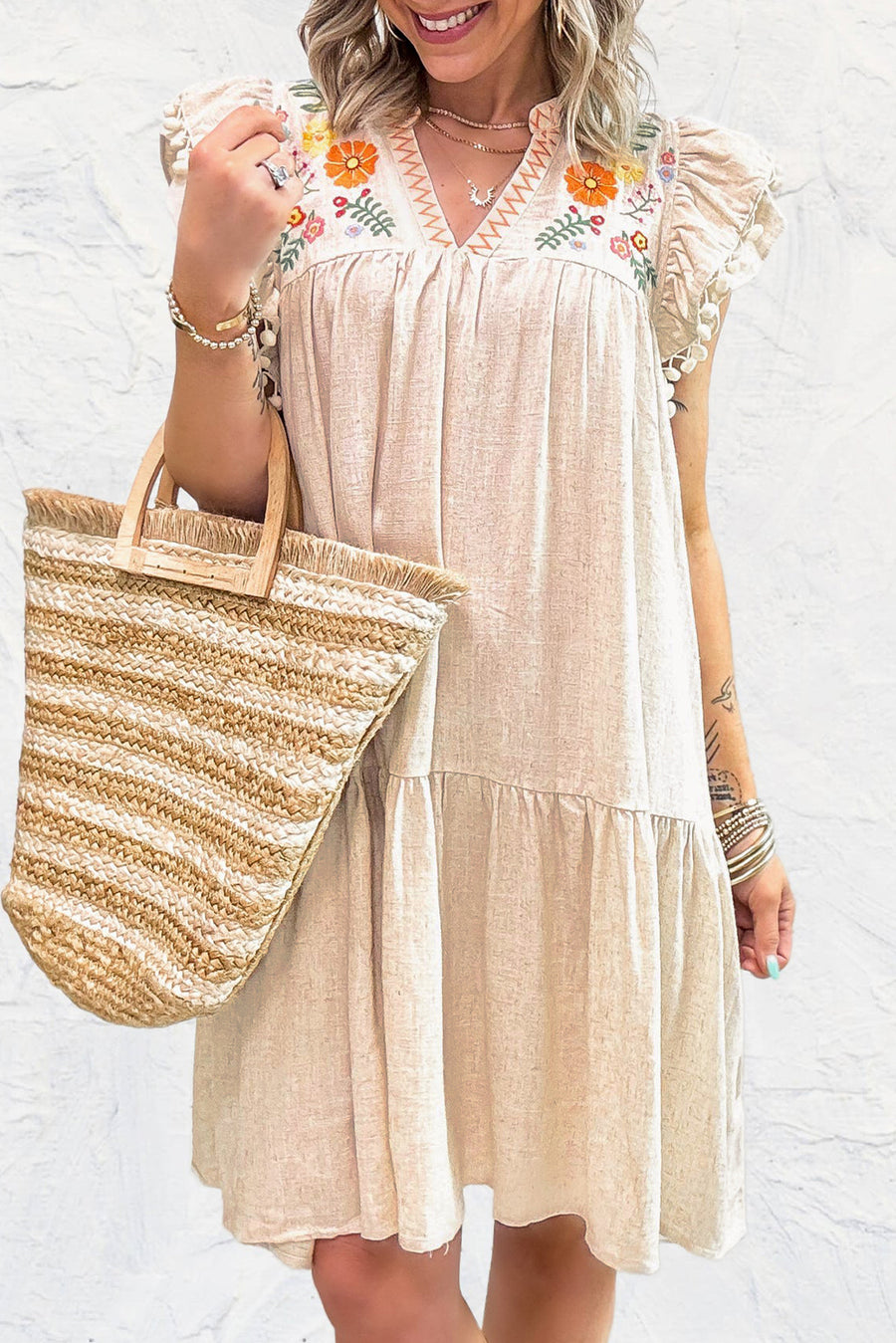 Jet Stream Linen Embroidered Notch Neck Pom Pom Ruffle Sleeve Mini Dress