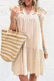 Jet Stream Linen Embroidered Notch Neck Pom Pom Ruffle Sleeve Mini Dress