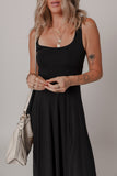 Black Sleeveless Scoop Neck Flared Front Slit Midi Dress