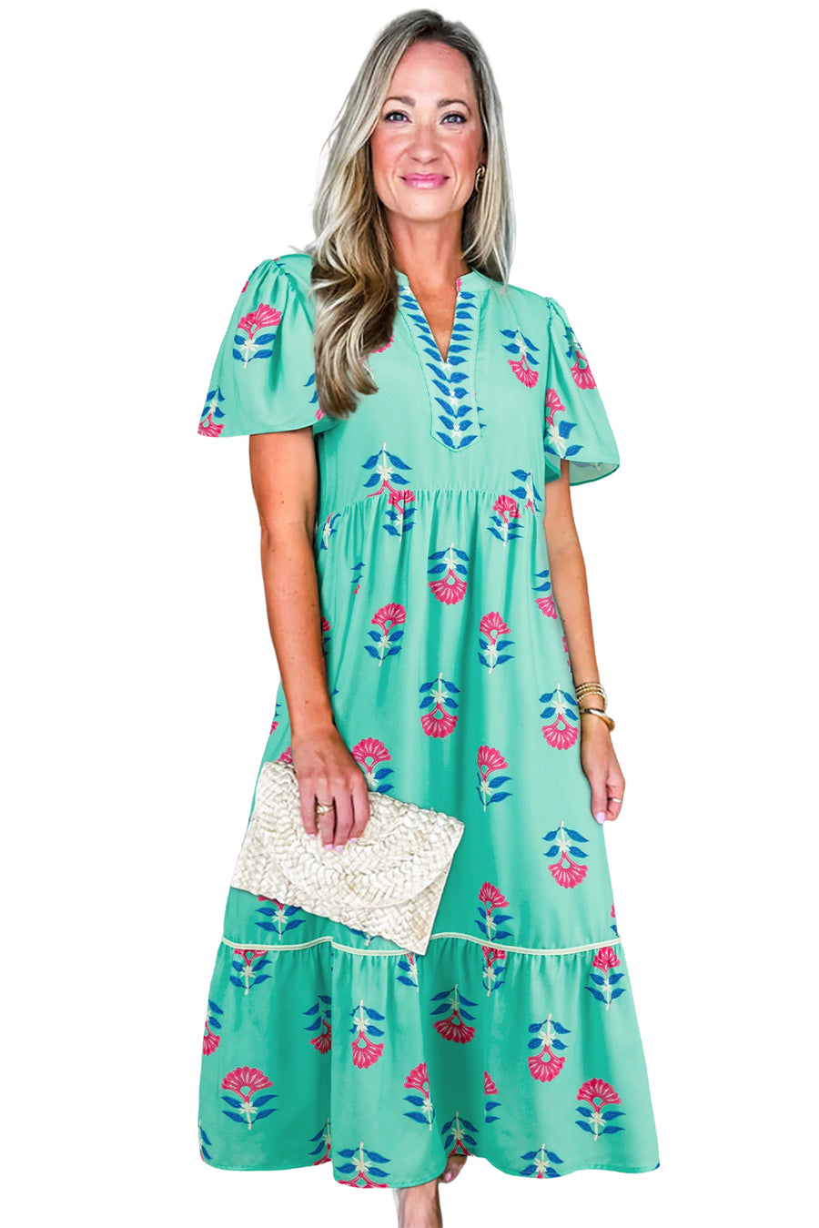 Blue Floral Print Notched Neck Flounce Sleeve Maxi Dress with Pockets- 2 Colors