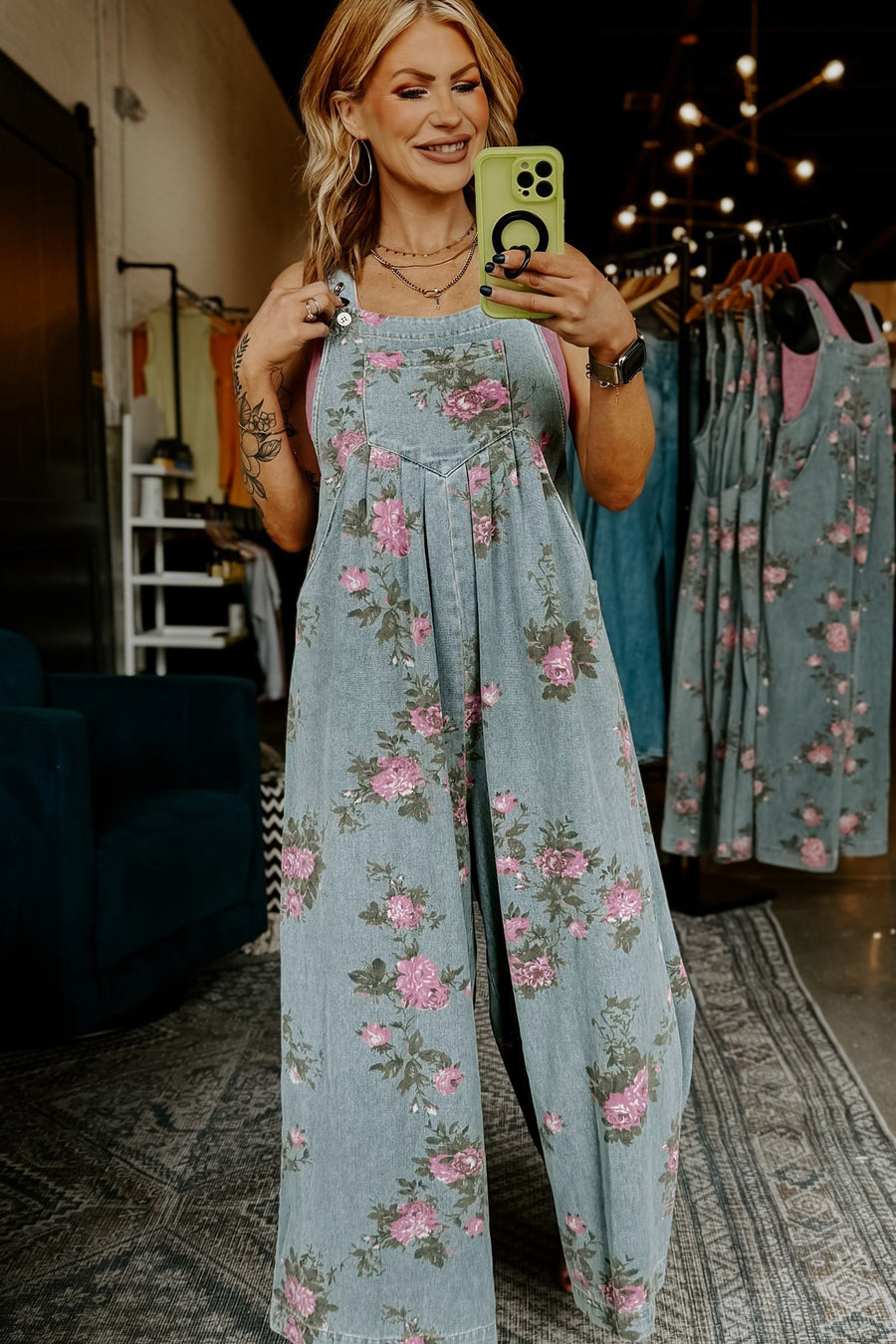 Floral Print Pleated High-Waist Wide Leg Denim Overalls- 3 Colors