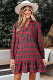Red Plaid Shirt Collared Quarter Button-Up Ruffled Hem Long Sleeve Mini Dress